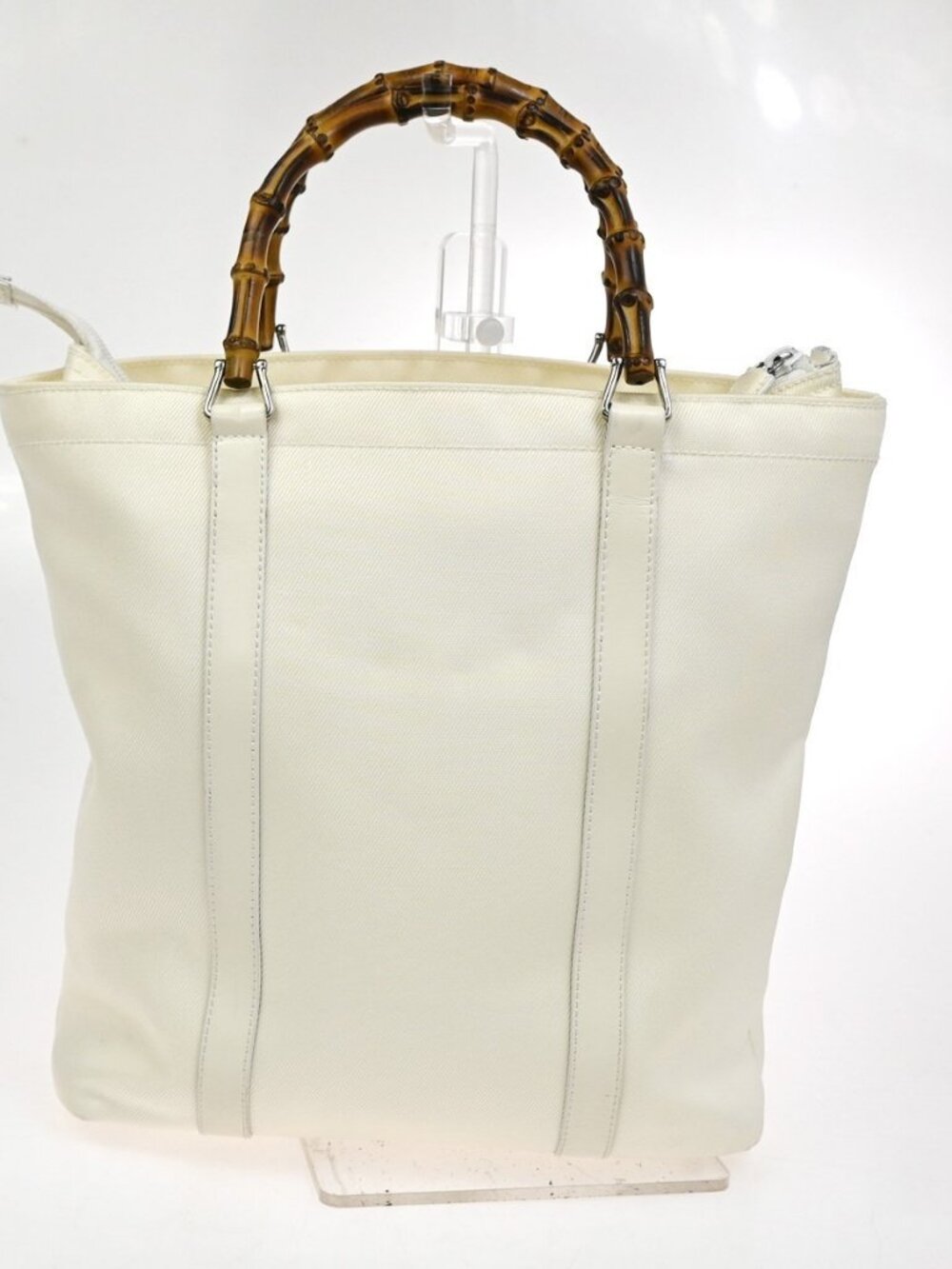 GUCCI Logo Bamboo Tote Handbag Nylon Patent Leather White SHW Italy 66KC967 - Picture 3 of 16